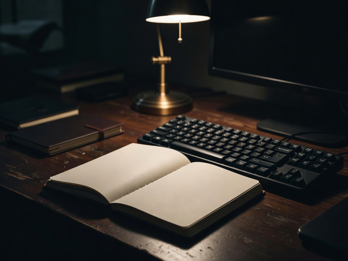 An open notebook beside a keyboard on a dimly lit desk