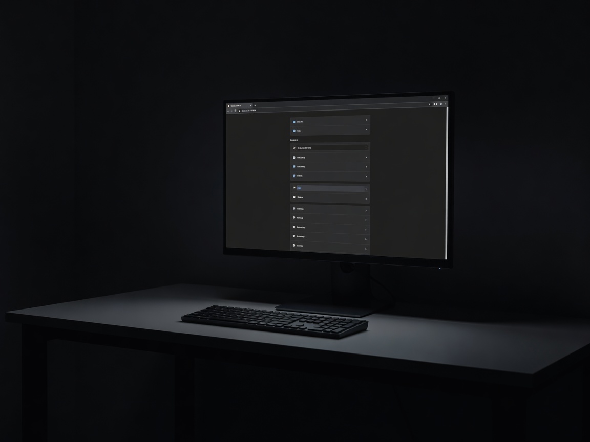A computer monitor and keyboard in a dark, uncluttered workspace