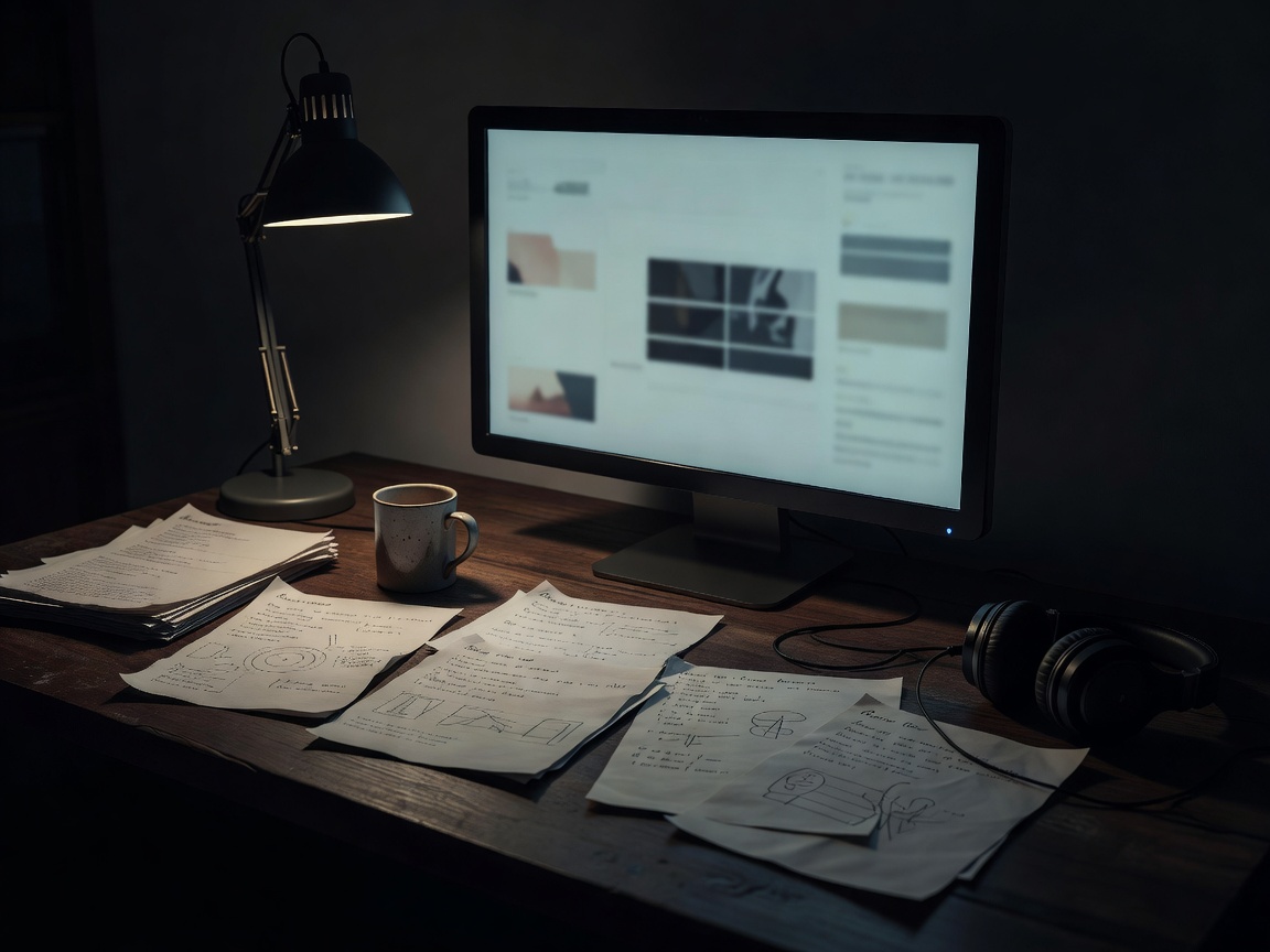 Production notes and a monitor on a quiet, dimly lit editorial desk