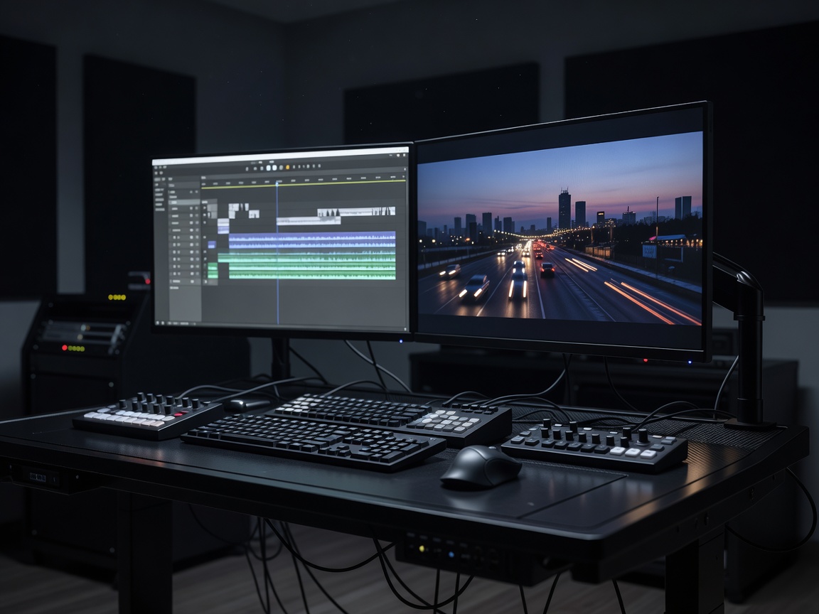 An editing suite with two illuminated monitors and a dark control desk