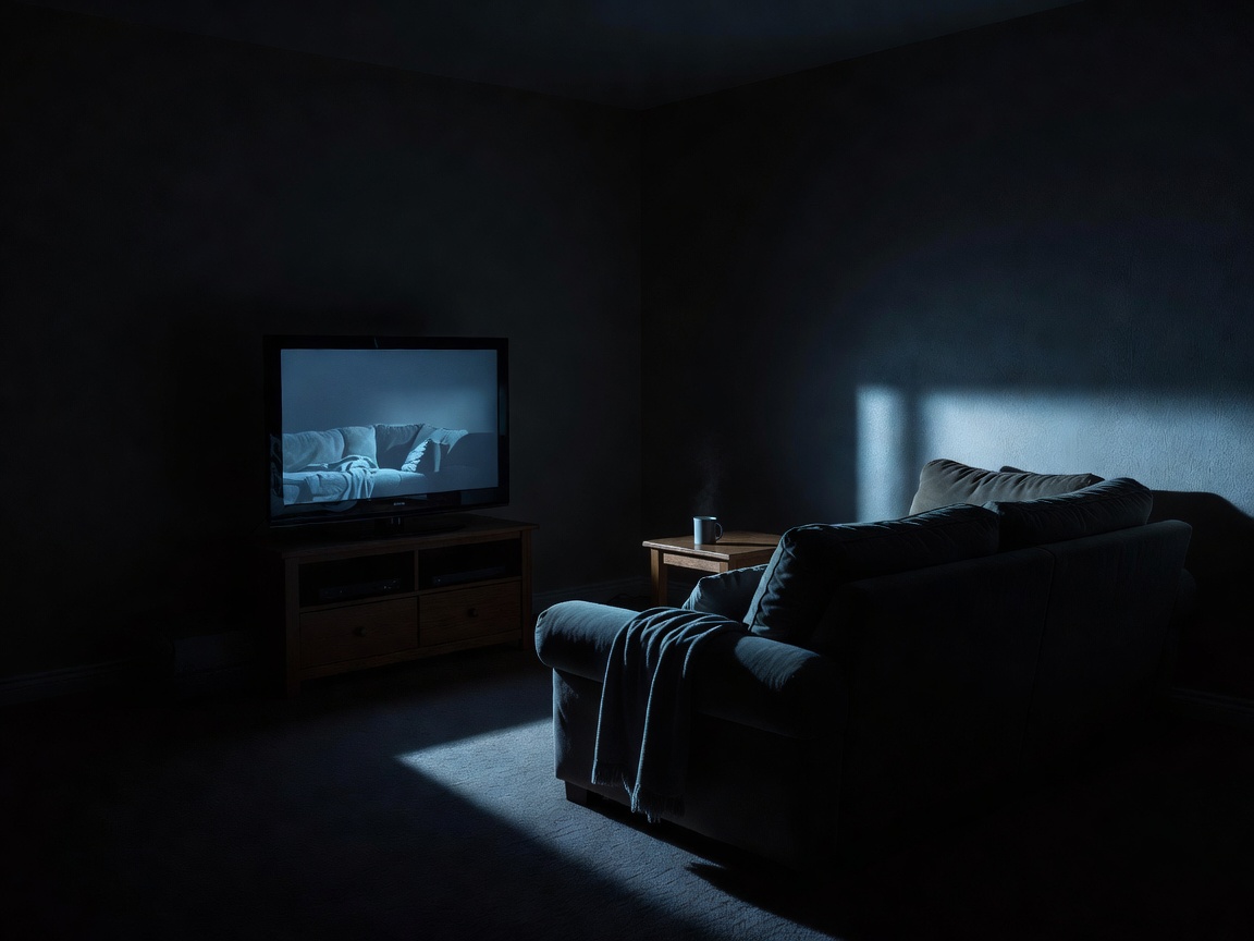 A television casting light across an otherwise dark living room