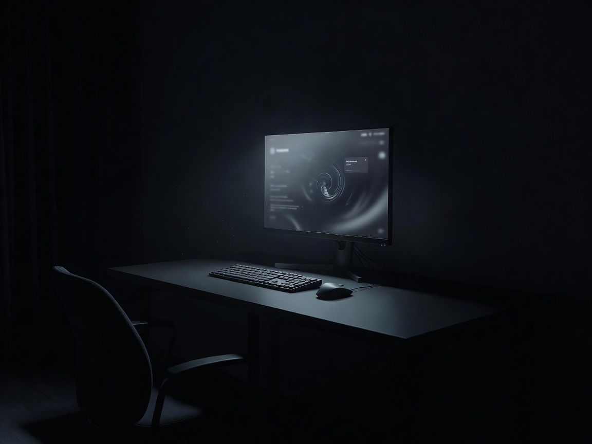 A dark workstation with a single softly illuminated screen