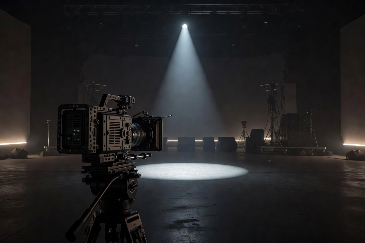 A professional camera facing a dimly illuminated production stage