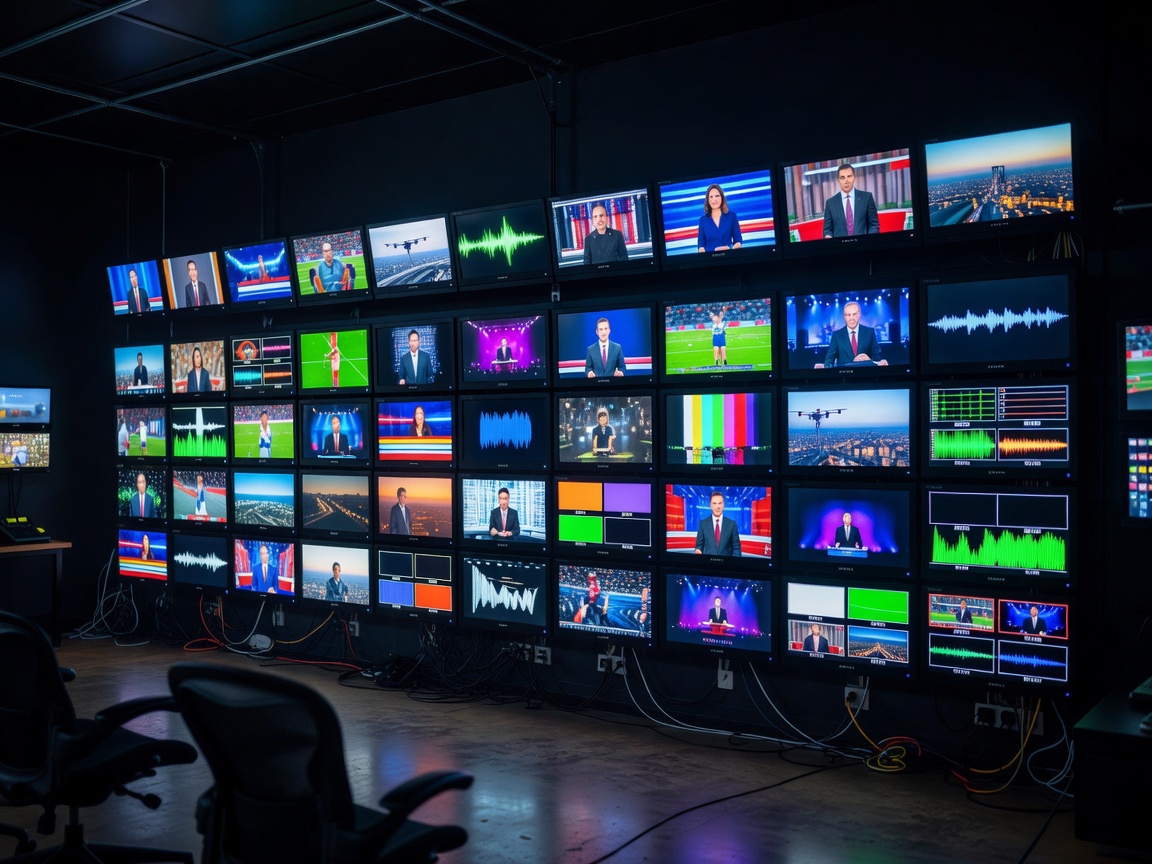 A wall of production monitors glowing inside a dark broadcast control room