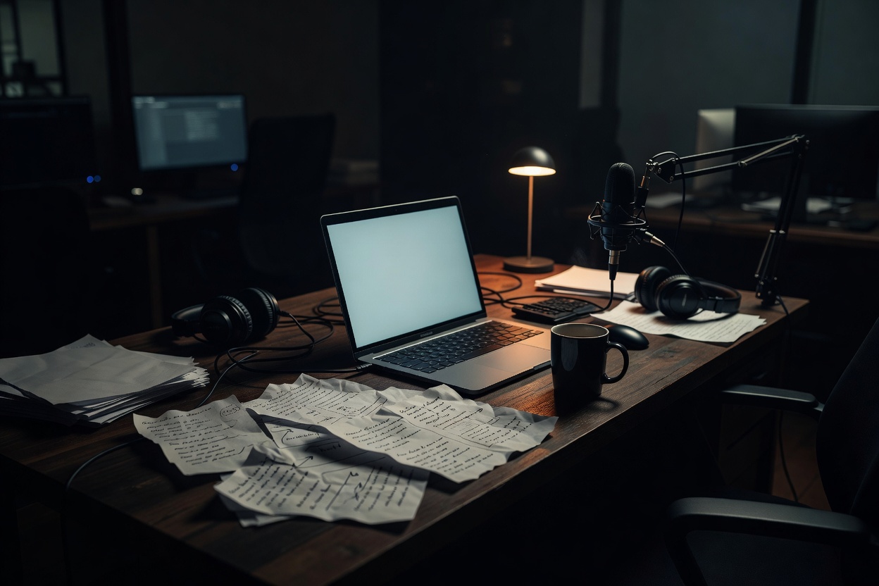 A laptop and notes on a dimly lit editorial workspace