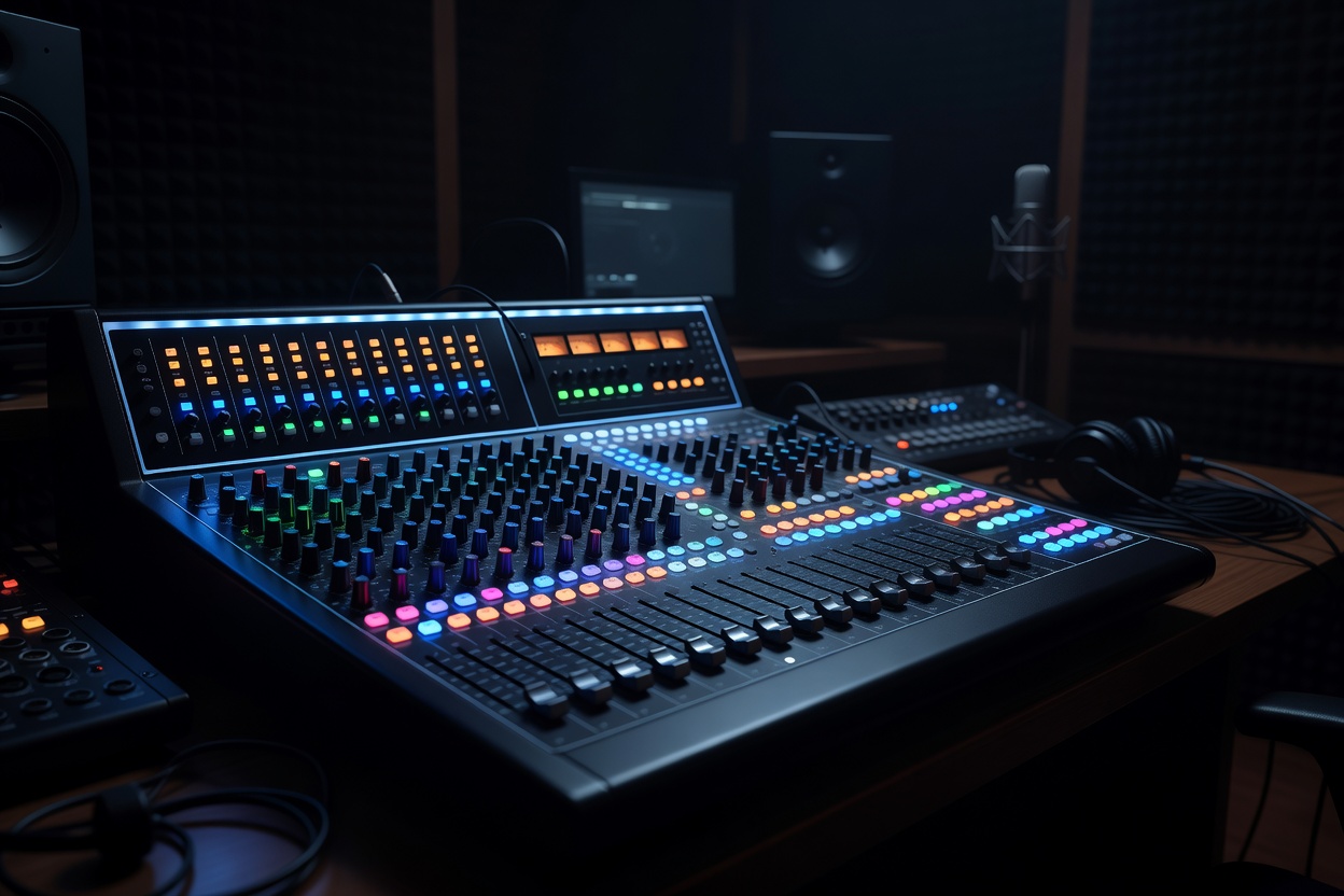 A sound mixing desk with illuminated controls in a dark production room