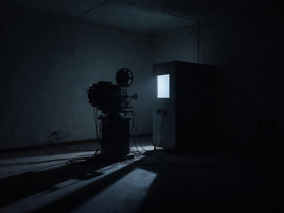 An empty projection room with equipment silhouetted against a small light
