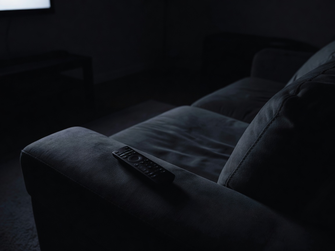 A remote control resting beside a sofa in a dim television-viewing space