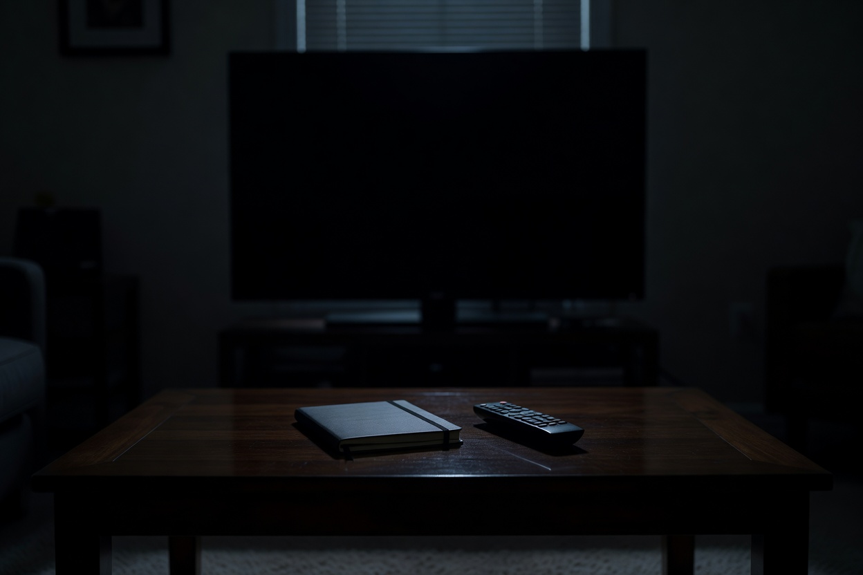 A notebook and remote control on a table beside a television in a dark room